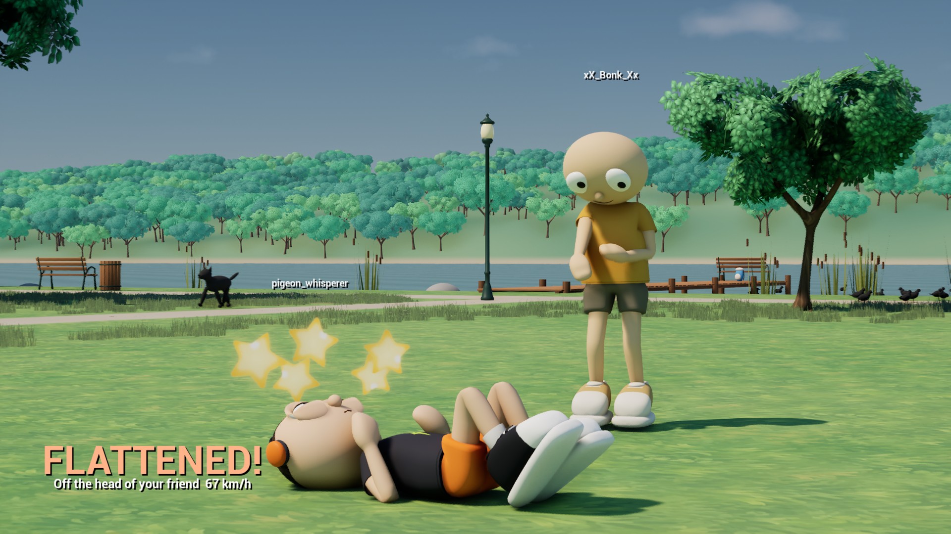 A knocked-down player lies dazed under spinning stars while a friend laughs at him.