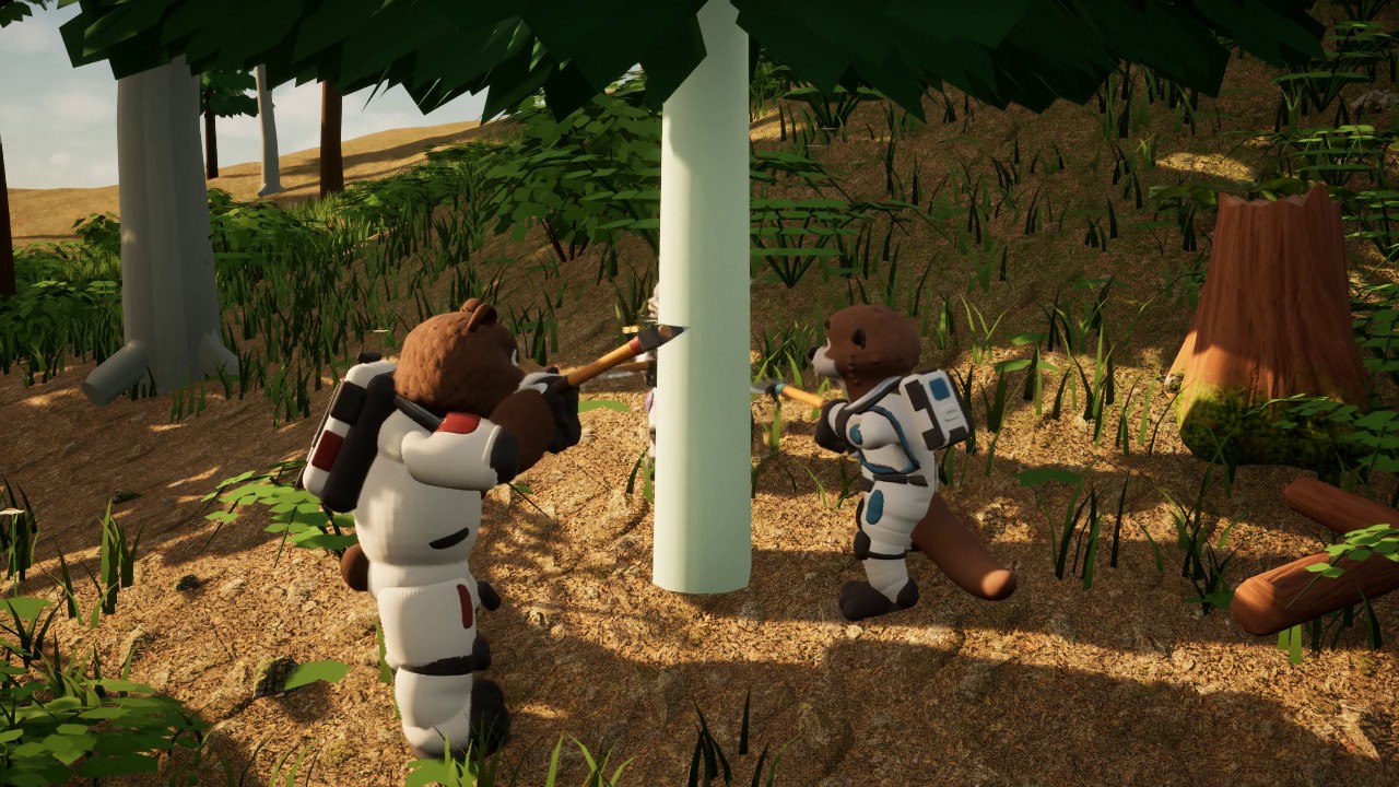 The bear swings an axe at a tree trunk while the otter watches in a forest clearing.
