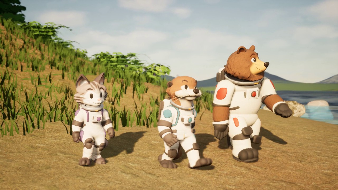 A cat, an otter and a bear in spacesuits walk together along a sandy beach.